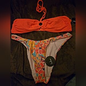 Lulus Coral and Floral Bikini Set Size XL